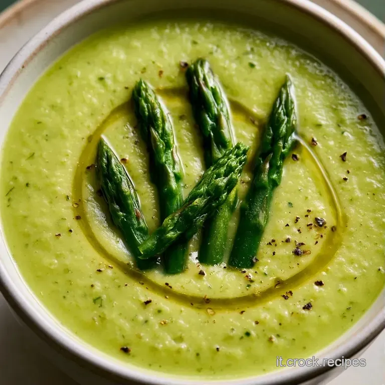 Vellutata verde brillante in piatto fondo, decorata con gocce di panna bianca e foglioline di timo fresco.