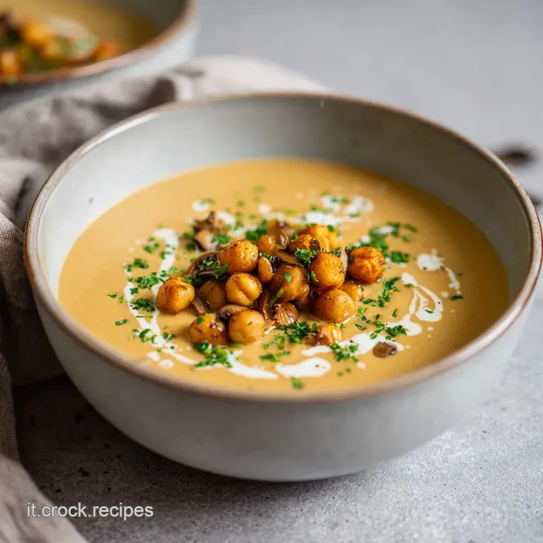 Elegant white bowl filled with smooth chickpea soup, topped with saut&eacute;ed mushrooms and herbs.