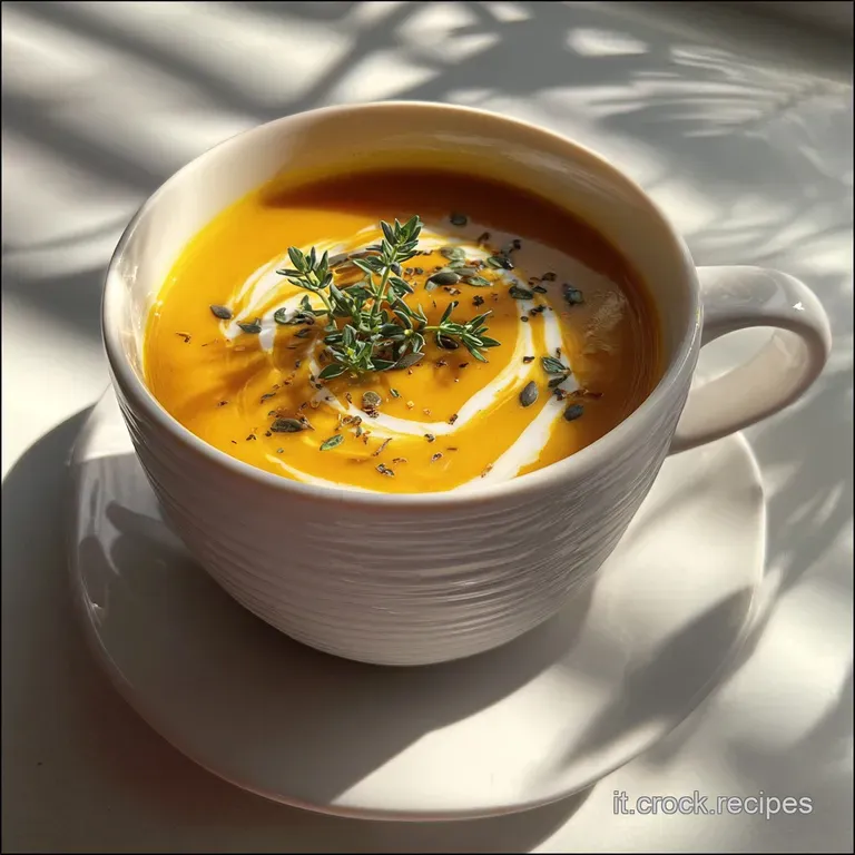 Elegant bowl of smooth pumpkin soup, drizzled with olive oil and garnished with a sprig of fresh rosemary on a linen table...
