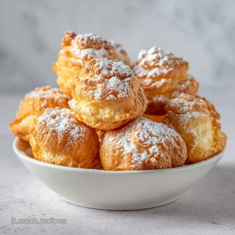 Delicate baked zeppole, sprinkled with sugar and filled with creamy custard, elegantly displayed on a white plate.