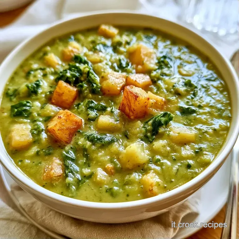 Zuppa vellutata di colore verde scuro servita in una ciotola di ceramica con crostini di pane tostato e prezzemolo fresco.
