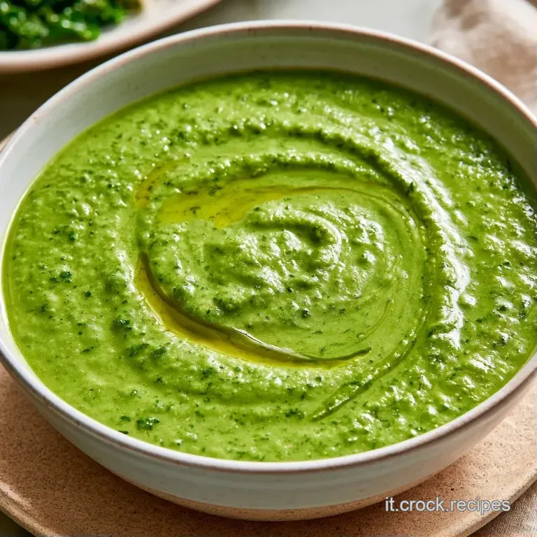 Ciotola in ceramica con zuppa di cavolo verde scuro, fagioli teneri e un tocco di olio extravergine d'oliva lucido.