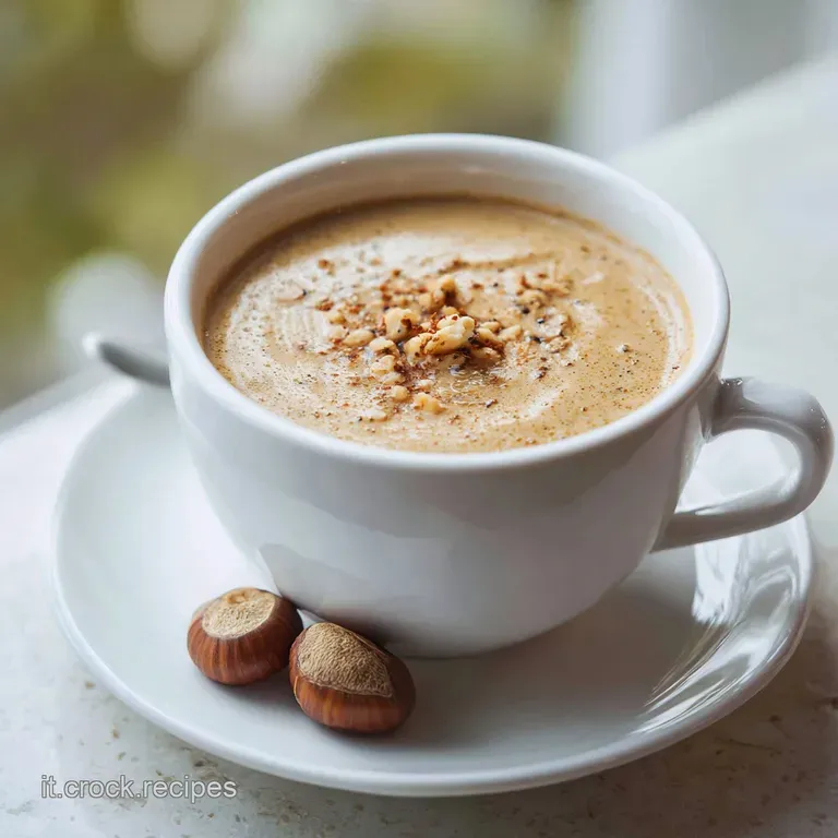 Elegant chestnut soup in a white bowl, garnished with vibrant green herbs and a drizzle of golden olive oil, inviting warmth.
