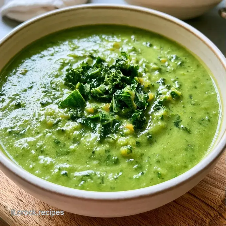 Zuppa vellutata con foglie di cavolo verde intenso, gocce d'olio dorato in superficie e crostini di pane bruno tostati.