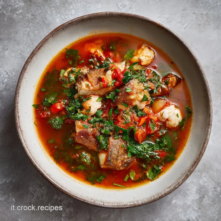 An artfully arranged bowl of seafood soup, showcasing bright red mussels, pink shrimp, and a sprinkle of fresh parsley.